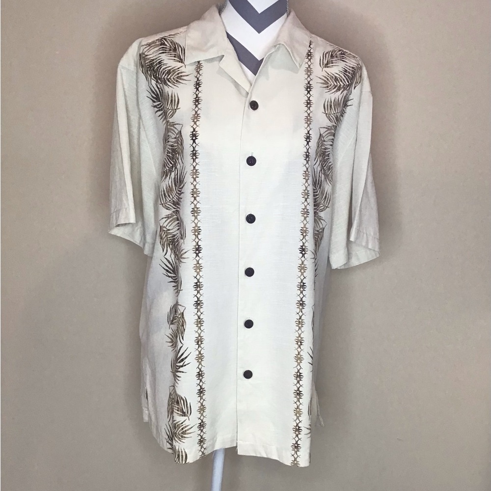 Caribbean Joe Tan Leaf Pattern Button Down Shirt